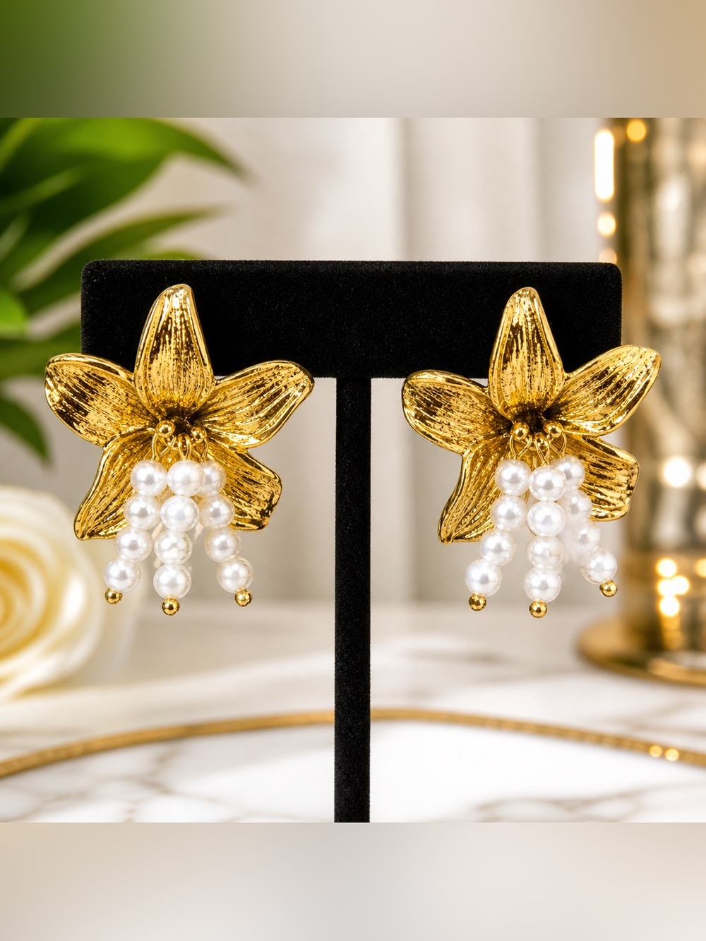 Sassy Jones Gold Floral Earrings with White Pearl Drops